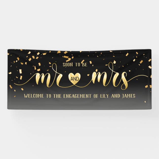 Banderoles Black Gold Mr et Mrs Fiançailles Banner (Horizontal)