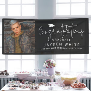 Banderoles Black Simple Modern Script Photo Graduation Party