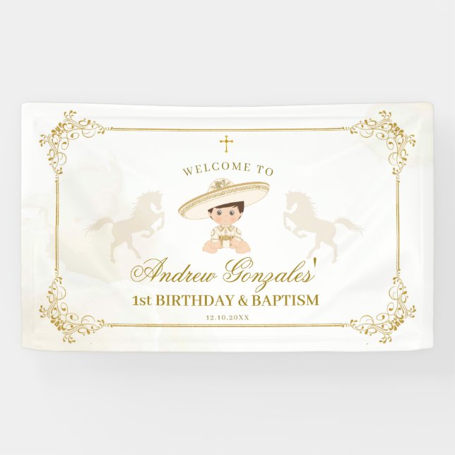 Banderoles Blanc Gold Mexicain Boy Baptême 1er anniversaire G (Horizontal)