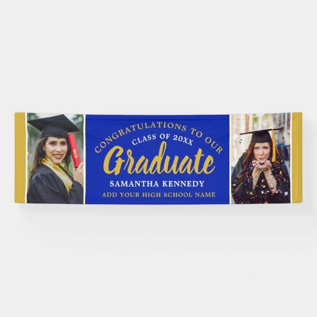 Banderoles Bleu Et Or Congrats Grad Deux Diplôme Photo (Horizontal)