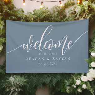 Banderoles Bleu Poussiéreux Calligraphie Simple Mariage Bienv