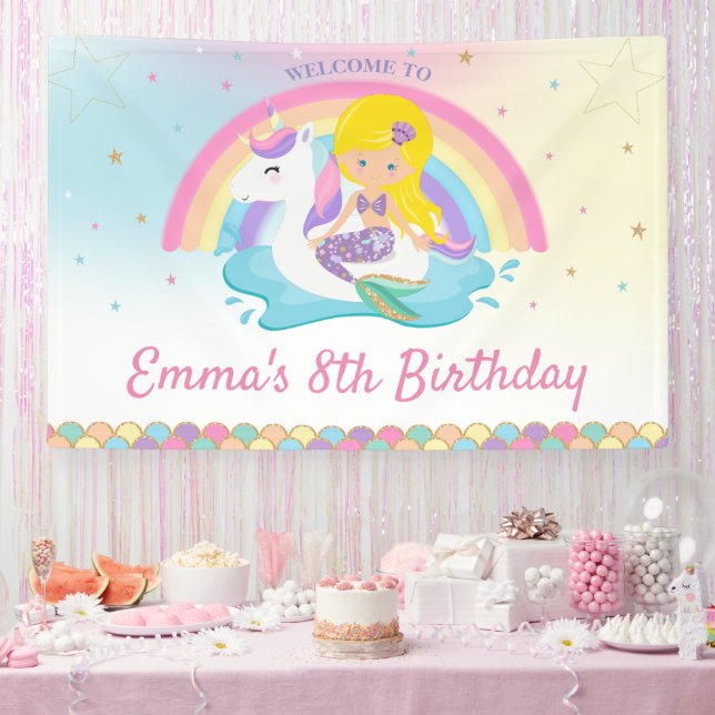 Banderoles Blonde Mermaid Unicorn Pool Anniversaire Bienvenue (Fête)