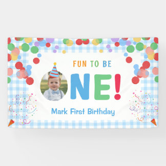 Banderoles Blue Fun to Be One Photo First Birthday Banner