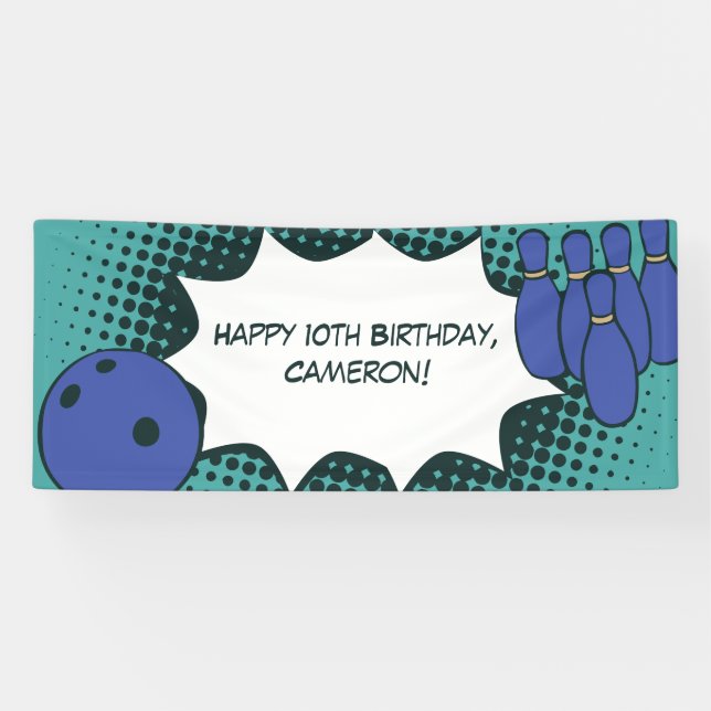 Banderoles Blue-Green Joyeux 10e anniversaire Bowling Party (Horizontal)