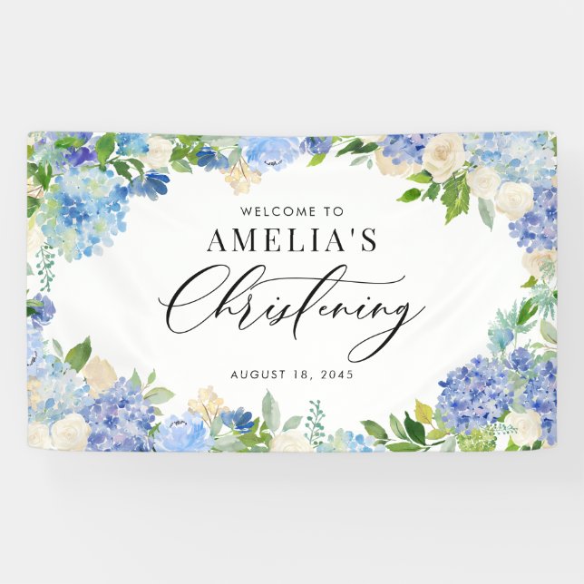 Banderoles Blue Hydrangea and Ivory Rose Christening (Horizontal)