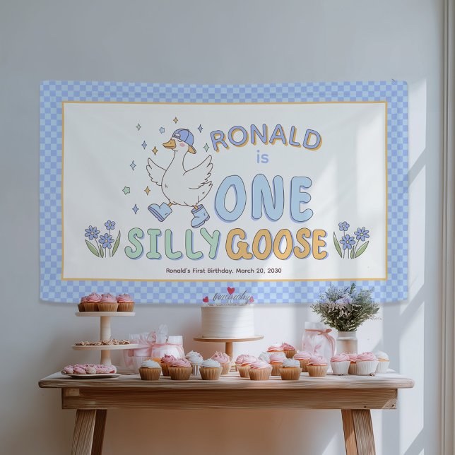 Banderoles Blue One Silly Goose - First Birthday Backdrop (Blue One Silly Goose - Retro style Girl First Birthday Backdrop Banner- 1st Birthday decor.)