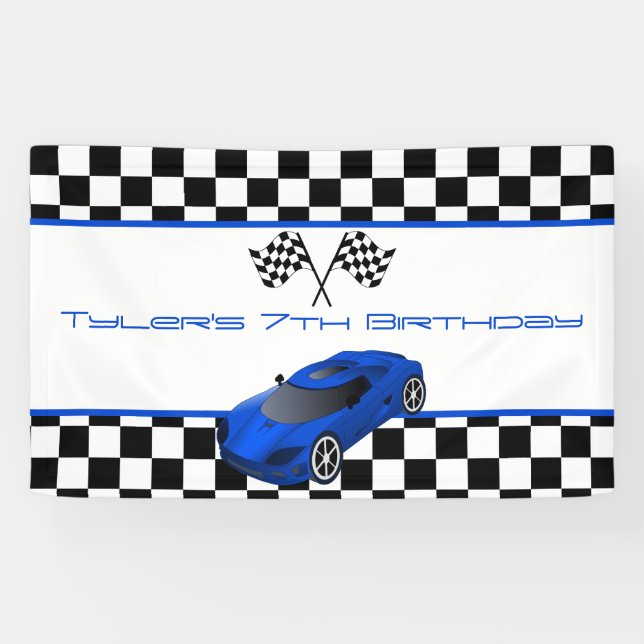 Banderoles Blue Race Car fête d'anniversaire (Horizontal)