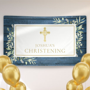 Banderoles Blue Rustic Foliage Gold Cross Baptême Christening