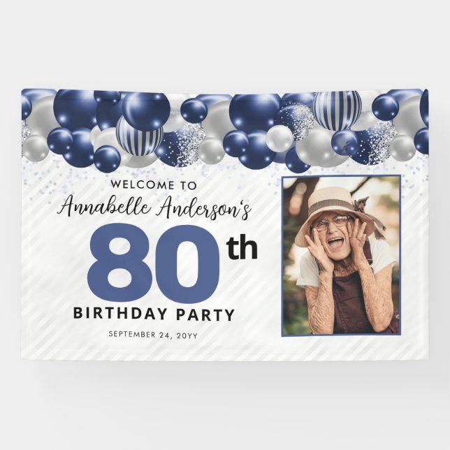 Banderoles Blue Silver Balloon Photo 80e anniversaire Bienven (Horizontal)