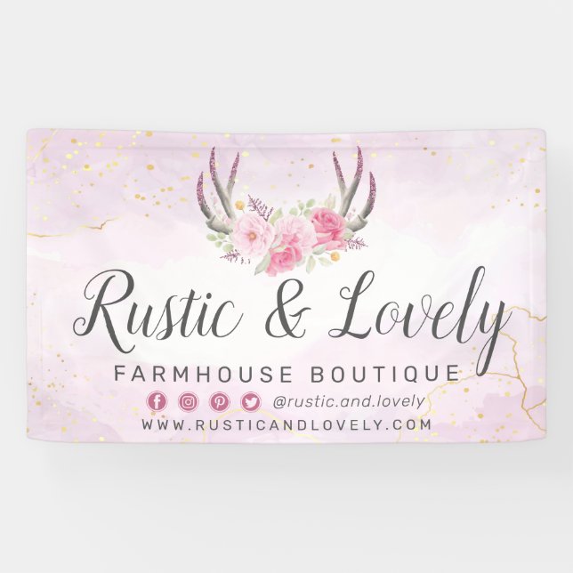 Banderoles Blush Pink Gold Russe Floral Antlers Médias sociau (Horizontal)