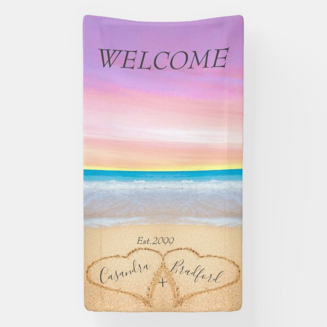 Banderoles Blush Pink Purple Hearts Beach mariage de bienvenu (Verticale)