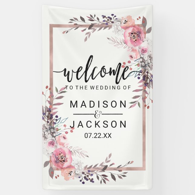 Banderoles Blush & Rose Gold encadré Mariage Floral Bienvenue (Vertical)