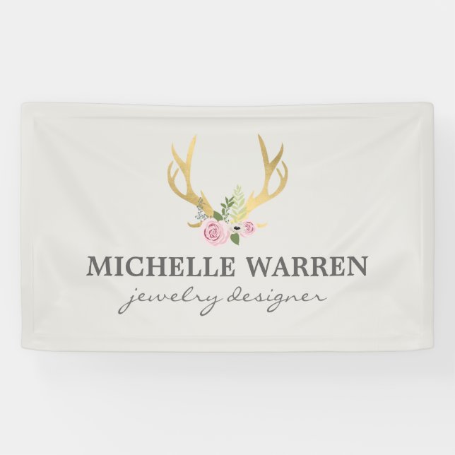 Banderoles Bohème Antlers en or avec Fleurs II (Horizontal)