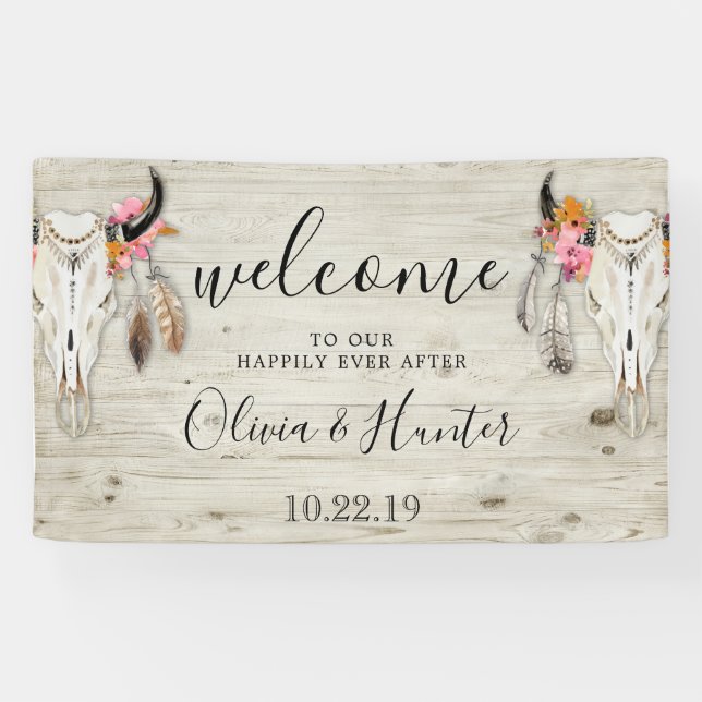 Banderoles Boho Antler Crâne Lumière Bois Mariage Bienvenue (Horizontal)