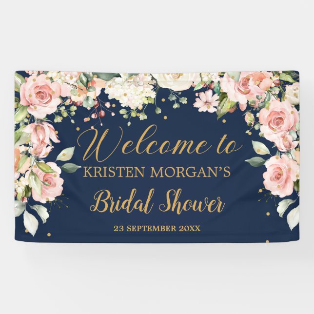 Banderoles Boho bleu rose floral vert marine nuptiale douche (Horizontal)