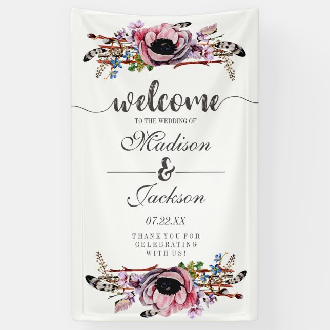 Banderoles Boho Chic Blush rose Floral Mariage Bienvenue (Vertical)