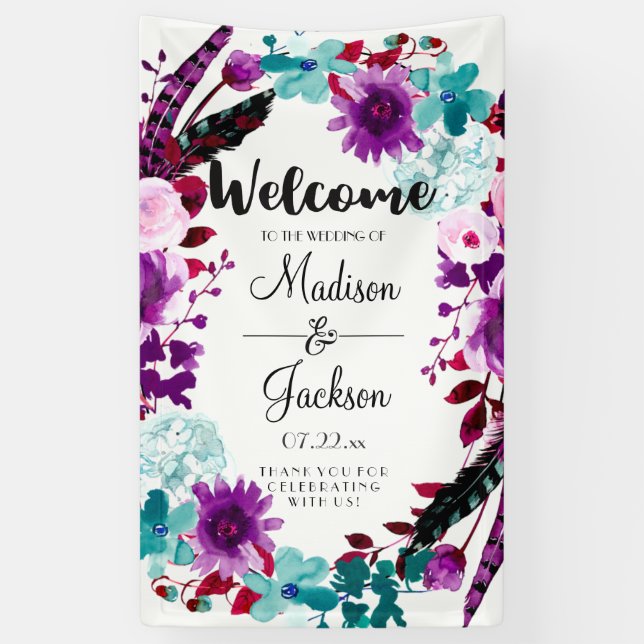 Banderoles Boho Chic Floral Wreath Purple Mariage Bienvenue (Vertical)