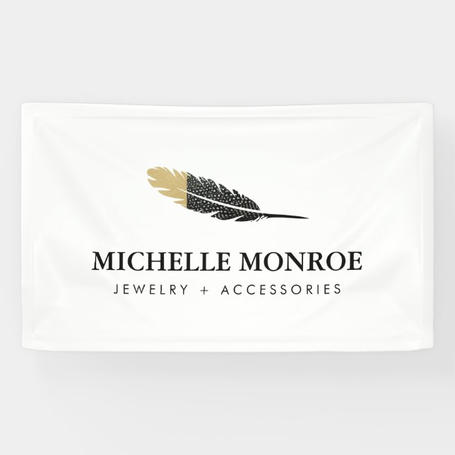 Banderoles Boho Gold tendance concepteur de plume blanche (Horizontal)