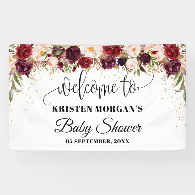 Banderoles Boho marsala baby shower d'or floral bordeaux (Horizontal)