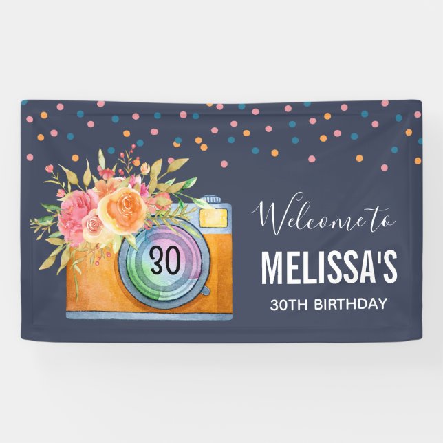 Banderoles Boho Orange Caméra & Fleurs Aquarelle Bienvenue (Horizontal)