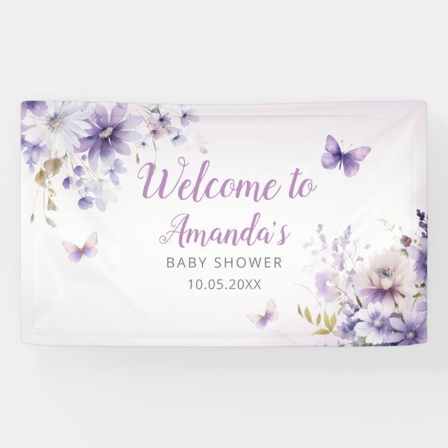 Banderoles Boho Purple Fleur sauvage Papillon Fille Baby show (Horizontal)