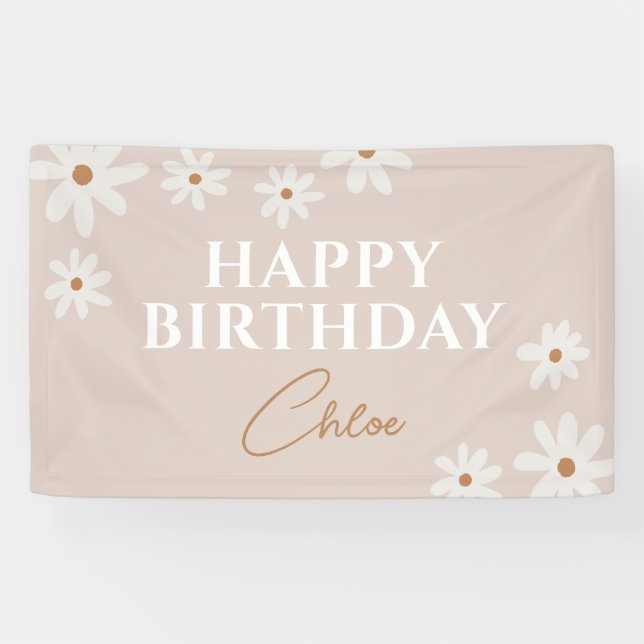 Banderoles Boho Retro Lumière Brown Daisy Floral Joyeux Anniv (Horizontal)