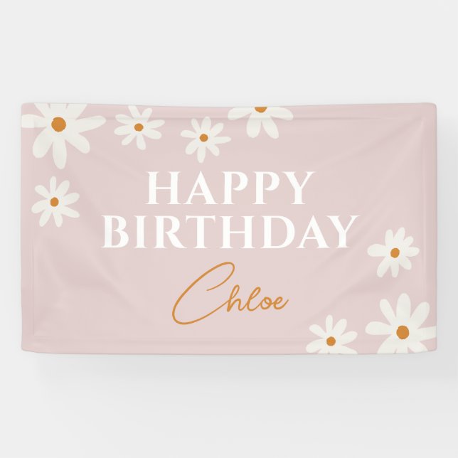 Banderoles Boho Retro Rose Daisy Floral Joyeux Anniversaire (Horizontal)