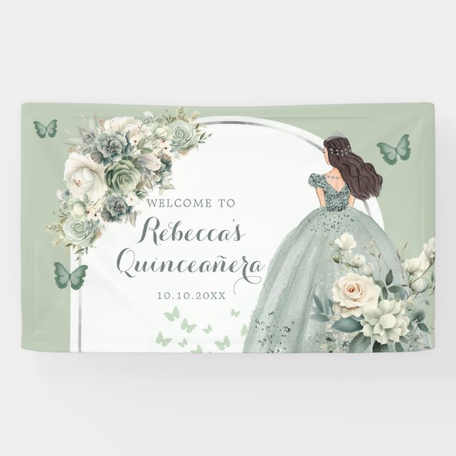 Banderoles Boho Sage Green Floral Princesse Quinceañera Grand (Horizontal)