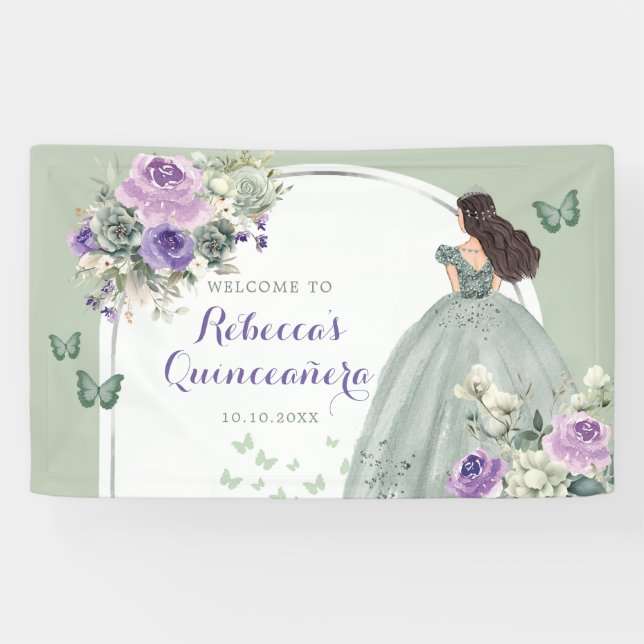 Banderoles Boho Sage Green Lilac Princesse Quinceañera Grande (Horizontal)