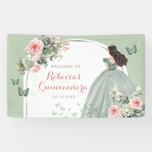 Banderoles Boho Sage Green Princesse Quinceañera Grande (Horizontal)