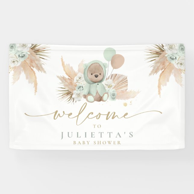 Banderoles Boho Teddy Bear Baby shower Green Bear Bienvenue (Horizontal)