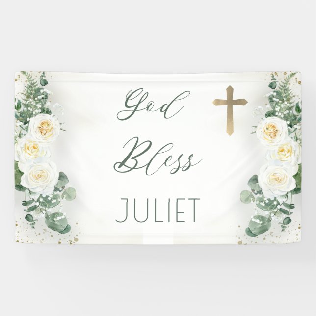 Banderoles Boho White Rose Floral Eucalyptus Baptême Dieu bén (Horizontal)