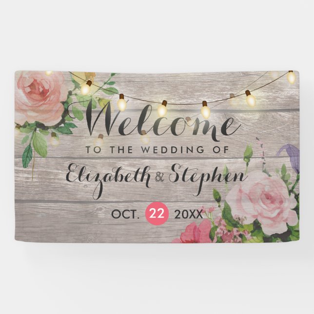 Banderoles Bois Floral Chaîne Lumières Mariage Welcome Banniè (Horizontal)