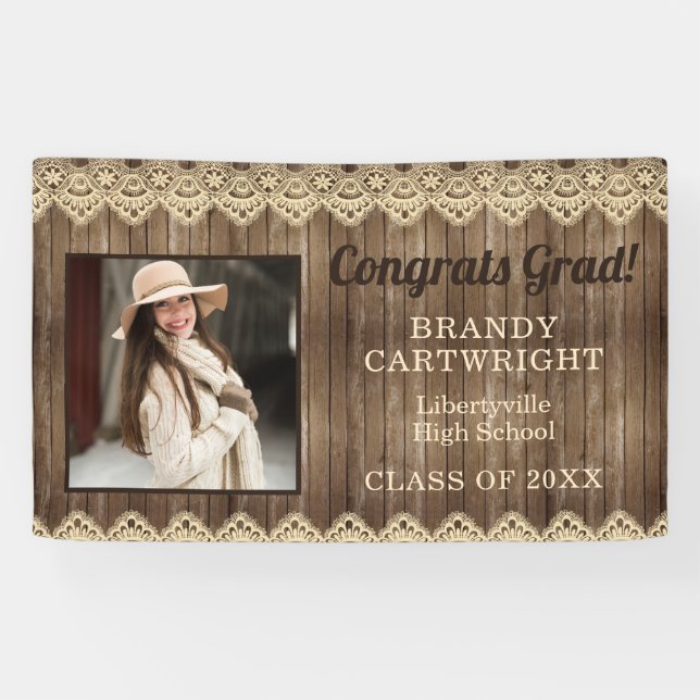 Banderoles Bois rustique avec dentelle photo Graduation (Horizontal)