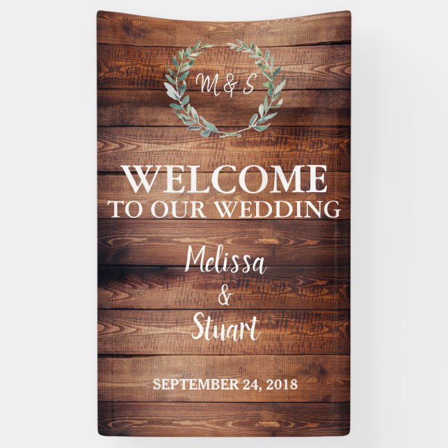 Banderoles Bois rustique Bienvenue à notre monogramme Mariage (Vertical)