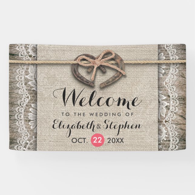 Banderoles Bois rustique fer à cheval Burlap Lace Mariage Bie (Horizontal)