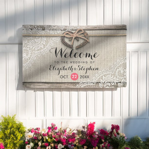 Banderoles Bois rustique fer à cheval Burlap Lace Mariage Bie
