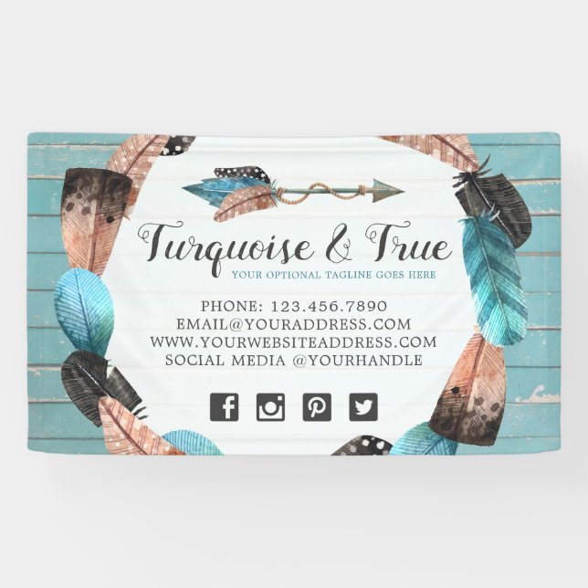 Banderoles Bois turquoise rustique et flèches en plumes Chic  (Horizontal)