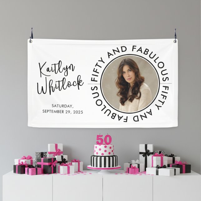 Banderoles Bold Fifty and Fabulous Photo 50th Birthday Party (elegant bold black and white fifty and fabulous 50th birthday party banner sign with photo name)