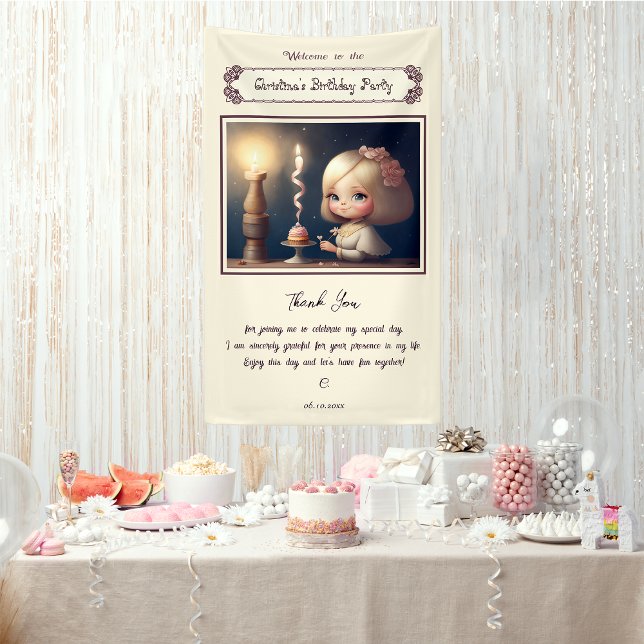Banderoles Bonne fille anniversaire 01 (Customizable Birthday Banner with the drawn of an adorable girl in front of a birthday cupcake)