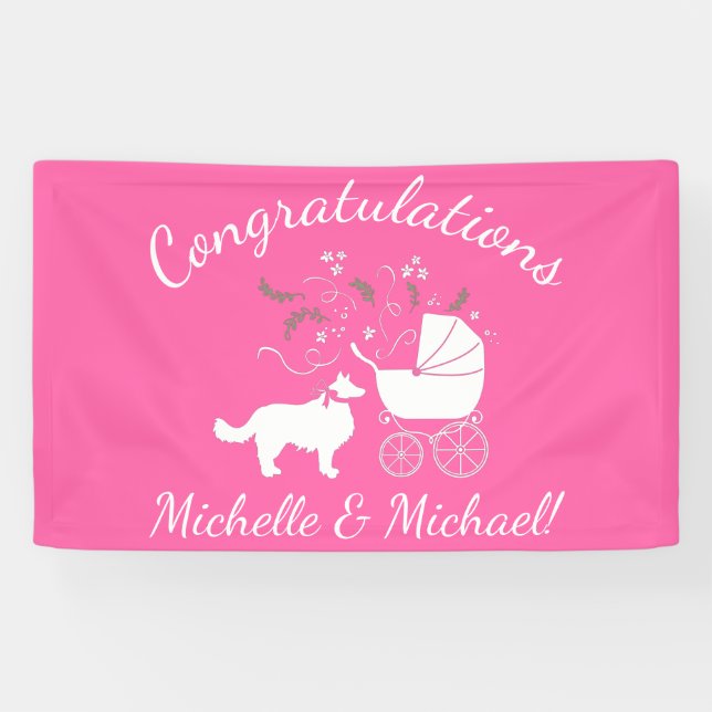 Banderoles Bordure Collie Chien Baby shower Chien Chiot Rose  (Horizontal)