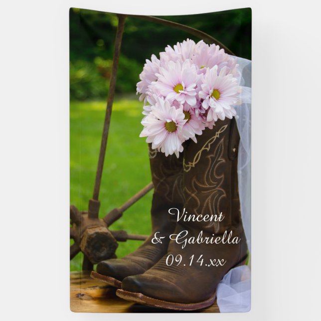 Banderoles Botte de cowboy Rustique rose Mariage occidental (Vertical)