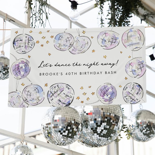 Banderoles Boule Disco Étoile Aquarelle Anniversaire (Fabulous watercolor painted disco balls frame this welcome birthday/bachelorette party banner.)