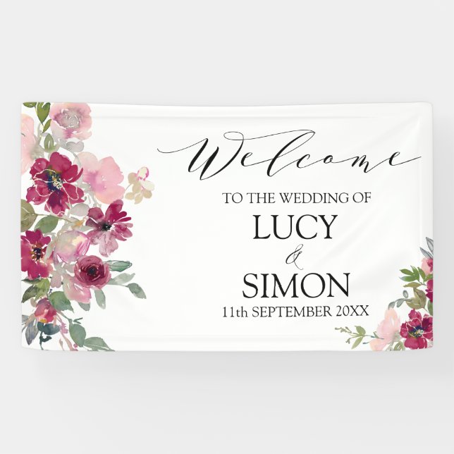 Banderoles Bouquet floral Bourgogne et Blush mariage (Horizontal)