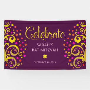 Banderoles Bourgogne Bar Mitzvah Papier d'Or Script Arbre de