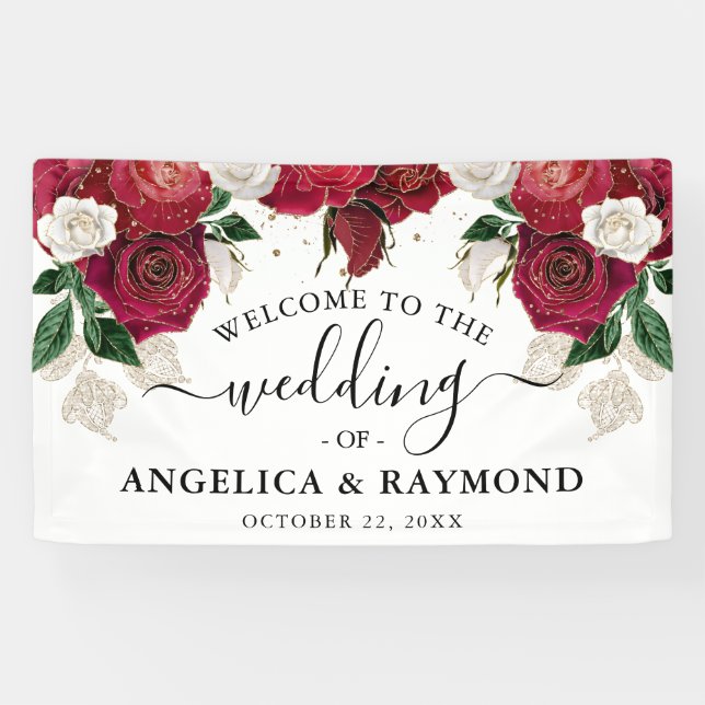 Banderoles Bourgogne & Blanc Floral Élégant Mariage Bienvenue (Horizontal)