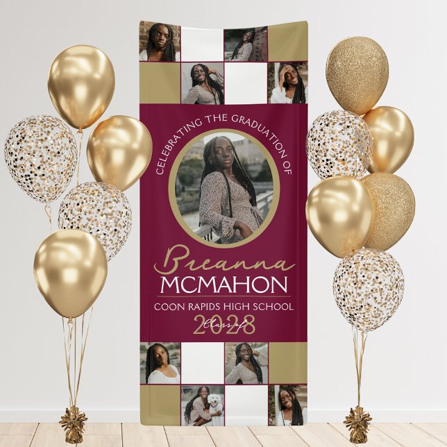 Banderoles Bourgogne & Bronze 9 Photo Collage Graduation Viny (Burgundy and Bronze Gold 9 Photo Graduation Vinyl Hanging Banner. Indoor or Outdoor Available )