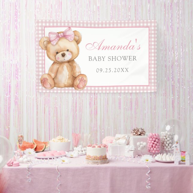 Banderoles Bow rose En vichy Teddy Bear Baby shower (Fête)