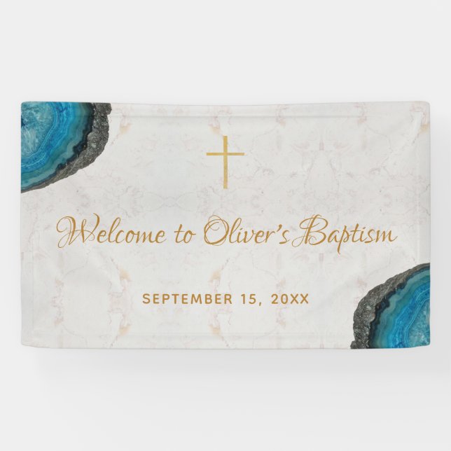 Banderoles Boy Baptism Blue Geode Agate Marbre Script Bienven (Horizontal)