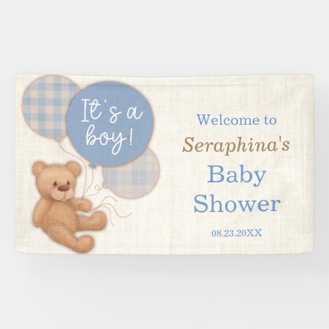Banderoles Boys bleu Plaid Teddy Bear Baby shower (Horizontal)